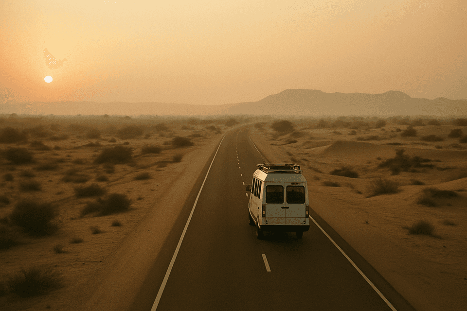 A minibus crossing the Rajasthan desert at dawn