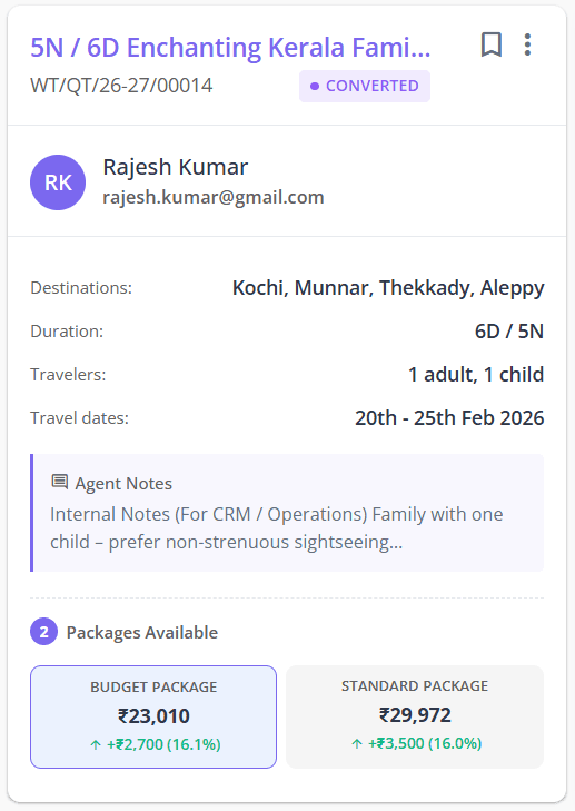 Quotation card with multi-package pricing