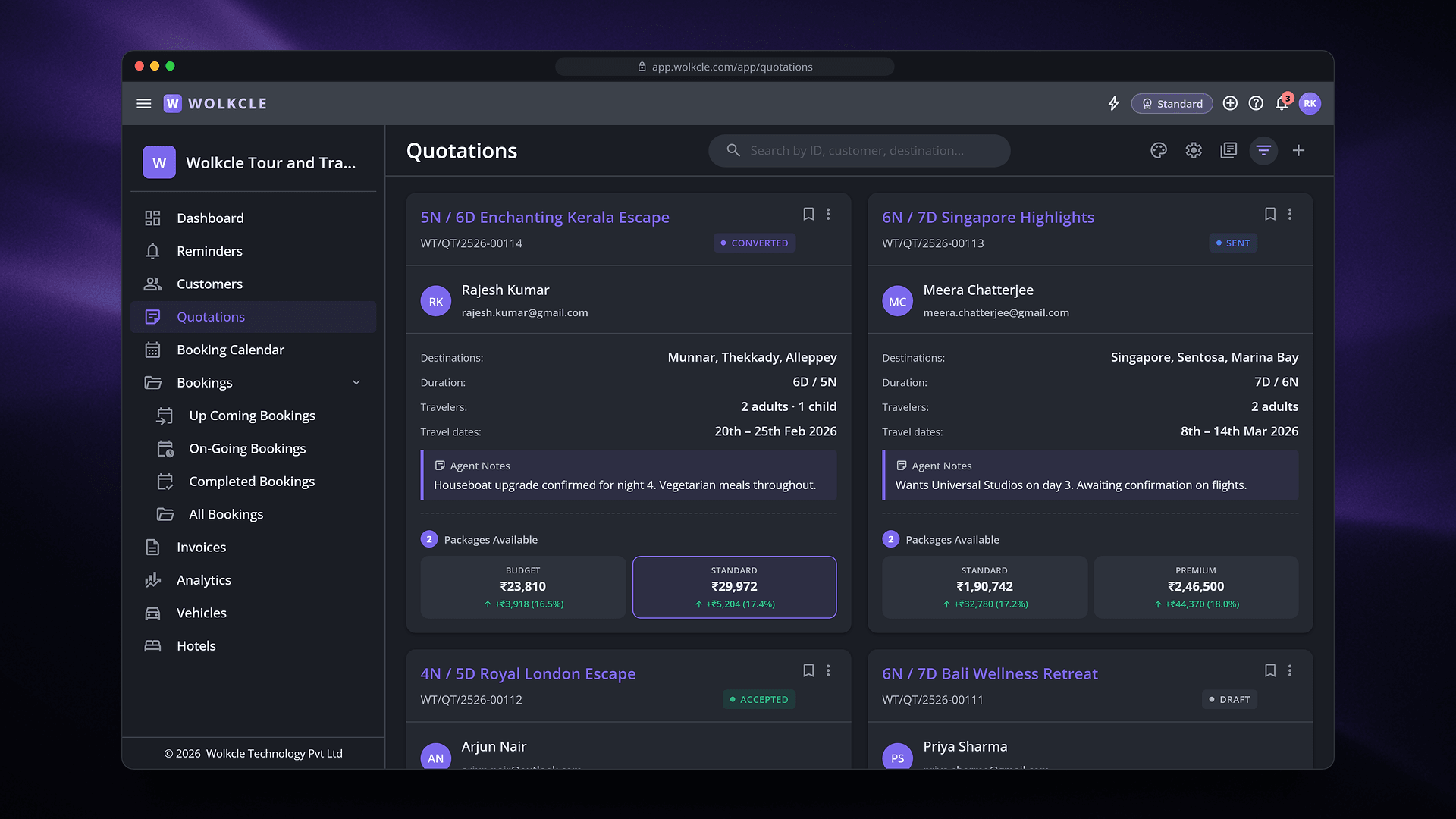 Wolkcle quotations list showing multi-package proposals with budget, standard and premium pricing