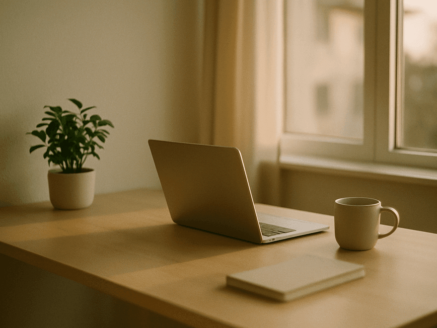 A tidy desk beside a window in late-afternoon light, laptop closed and the surface clear