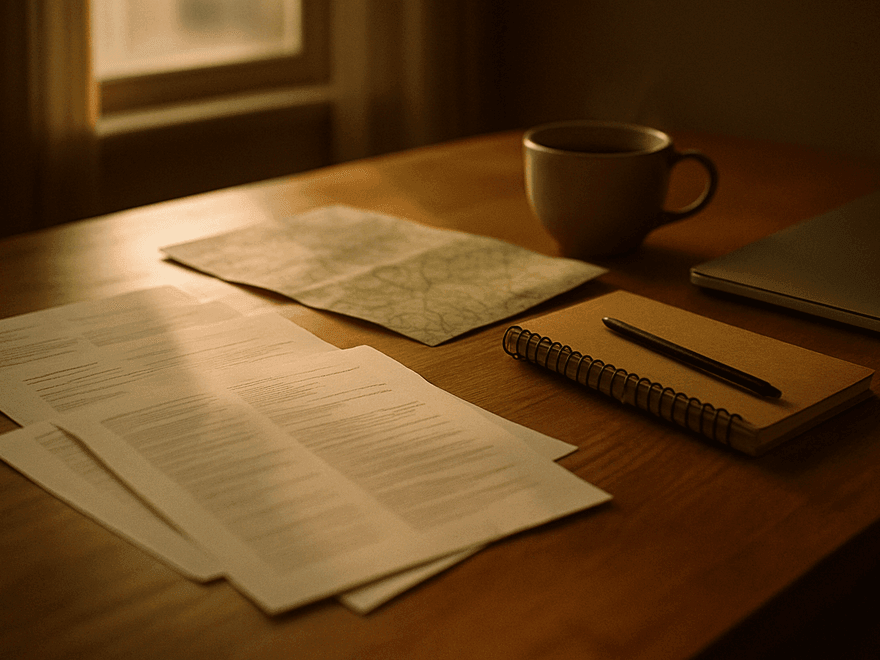 A travel agent's desk in morning light — printed itinerary pages, a folded map, a notebook and a closed laptop