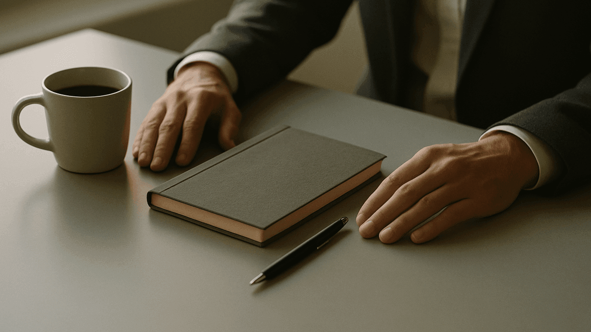 Hands resting beside a closed notebook and pen on a clean desk, suggesting a considered software decision