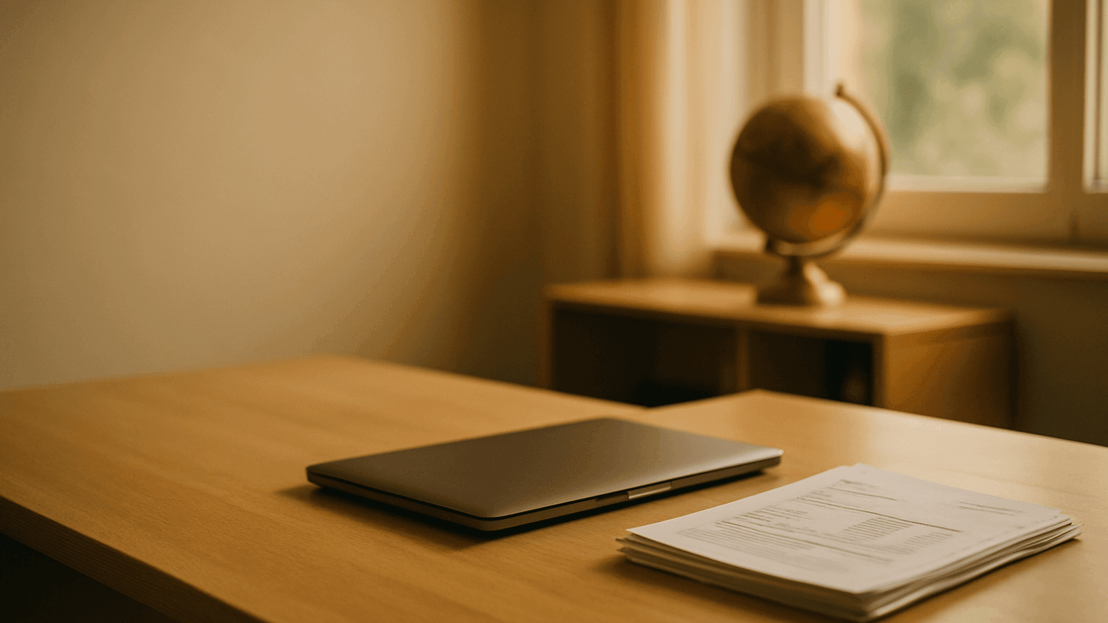A travel agency desk in warm afternoon light with a closed laptop, printed itineraries and a globe — the workspace travel CRM software is built to organise