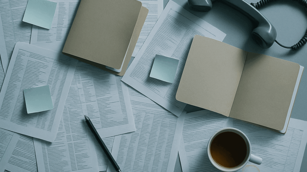 An overloaded travel agency desk seen from above — scattered printed pages, sticky notes, open folders and a phone off its cradle