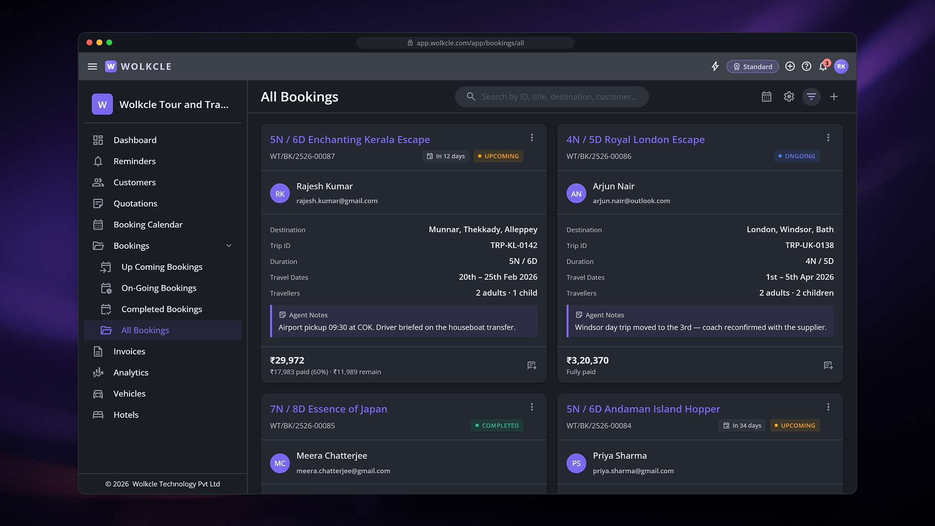 Wolkcle bookings list showing trip IDs, destinations, travel dates, traveller counts, amounts paid and remaining, and upcoming, ongoing and completed statuses