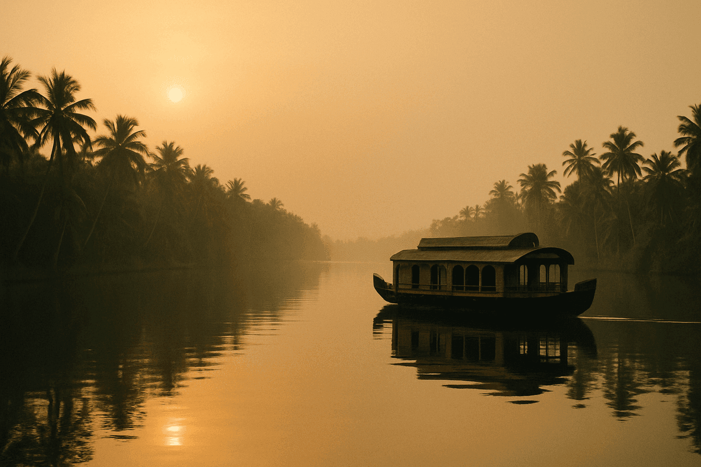 An AI-painted Kerala backwaters scene used as the backdrop of a quotation cover page